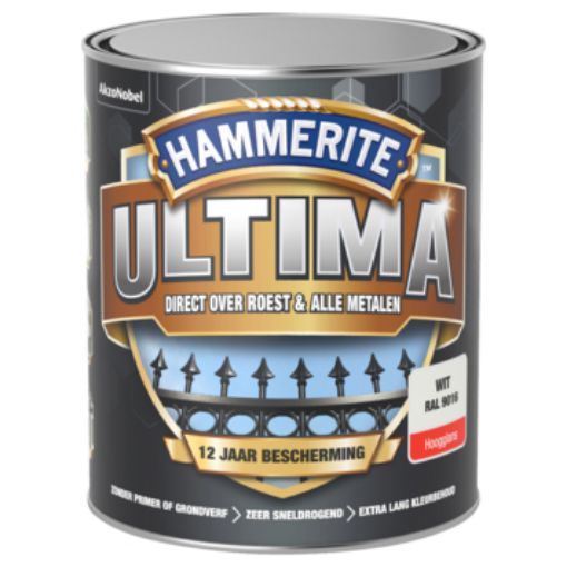 Afbeeldingen van Hammerite Ultima metaallak hoogglans wit 750ml RAL9016